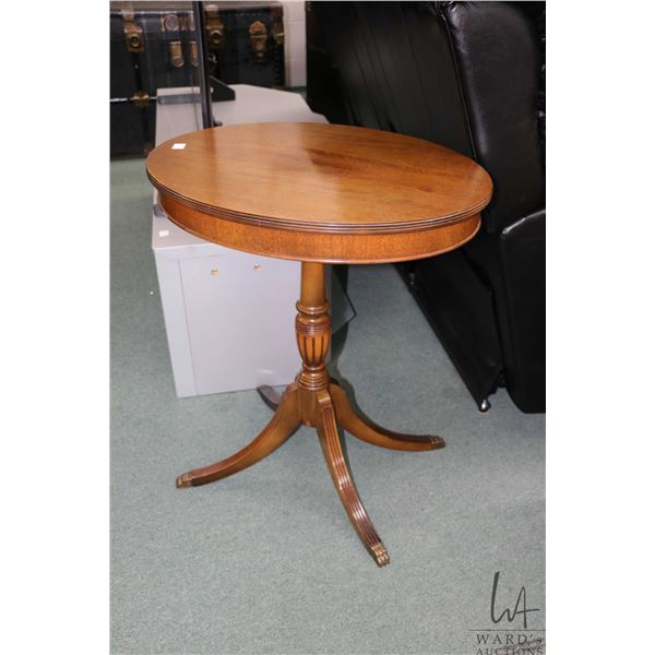 Antique Regency style center pedestal occasional table with brass capped claw feet, 26" H X 17" X 22
