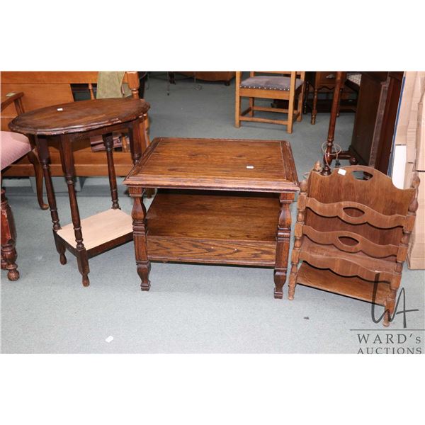 Three pieces of vintage furniture including side table, magazine rack and 29" H occasional table
