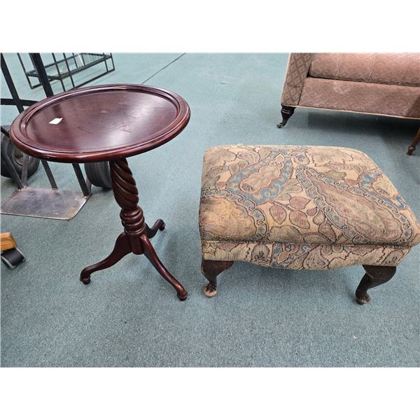 Small center pedestal wine table 22" H X 15" D and an upholstered foot stool