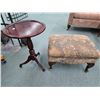 Image 1 : Small center pedestal wine table 22" H X 15" D and an upholstered foot stool