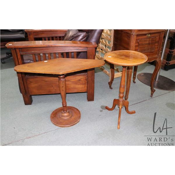 Two vintage center pedestal occasional tables including one 25" H X 13" D and a 22" H diamond shaped
