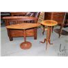 Image 1 : Two vintage center pedestal occasional tables including one 25" H X 13" D and a 22" H diamond shaped
