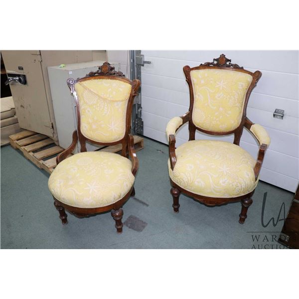 Two antique Victorian open arm parlour chairs