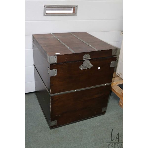 Modern antique style metal bound lidded wooden box, 25" H X 22" W X 21" D
