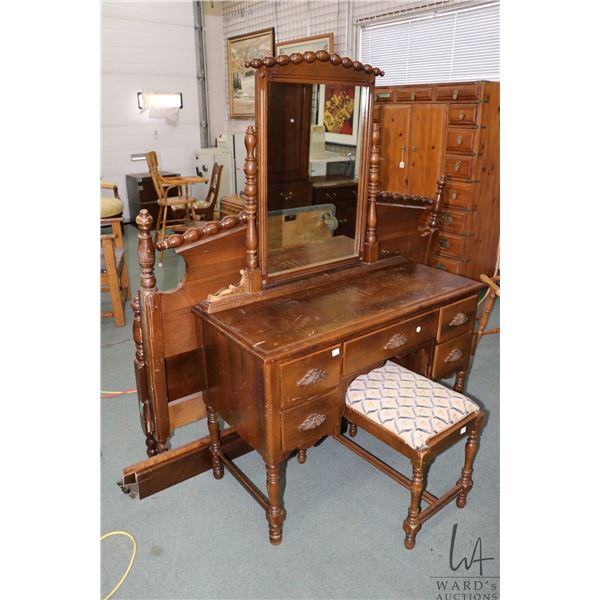 Selection of vintage furniture including 54" headboard, footboard with rails, a matching mirrored va