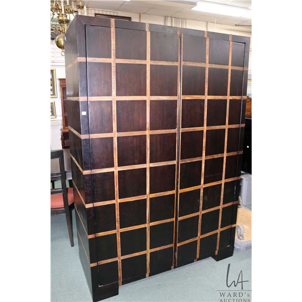 Large two door computer armoire with pull out keyboard tray with decorative inlaid cross banding, se