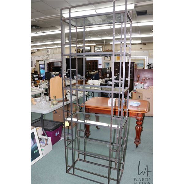 Shop made five tier metal shelving unit with glass shelves, 80" H X 28" W X 13" D