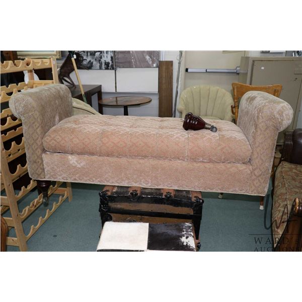 Modern upholstered bed and bench/storage chest Note, one leg needs repair. 57" wide