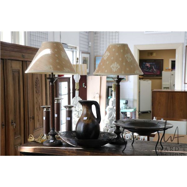 Selection of modern and semi-modern decor including a set of candlesticks, a pair of 29" high table 