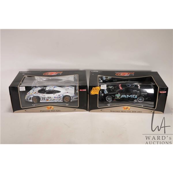 Two boxed Maisto 1:18 scale collector cars, Mercedes - Benz CLK-DTM 2003 and Porsche 911 GT1