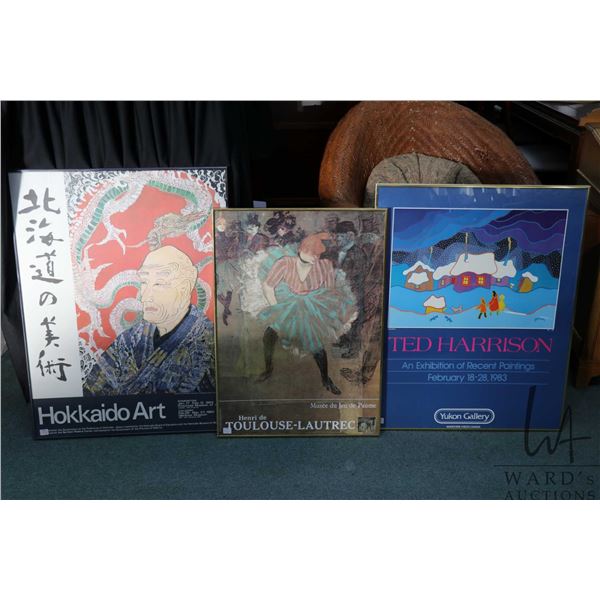 3 vintage art gallery posters inlcuding Toulouse-Lautrac, Ted Harrison, and Hokkaido 33"x24" Outside