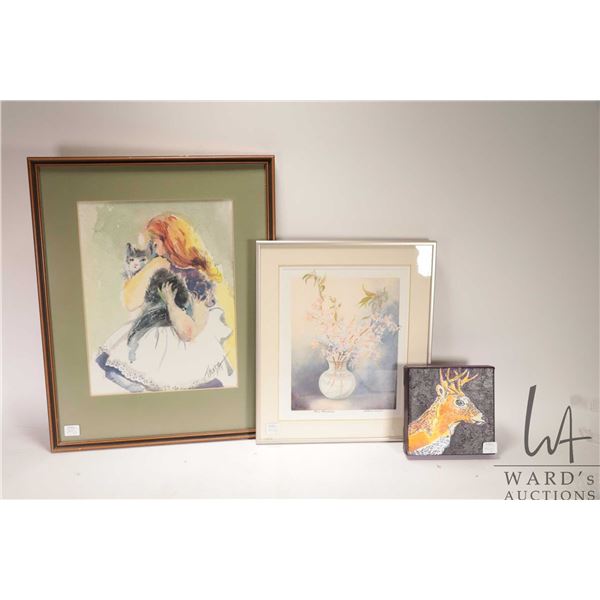 3 Original artworks including water color on paper of a girl and her cat, signed Truda, 13"x10". Wat