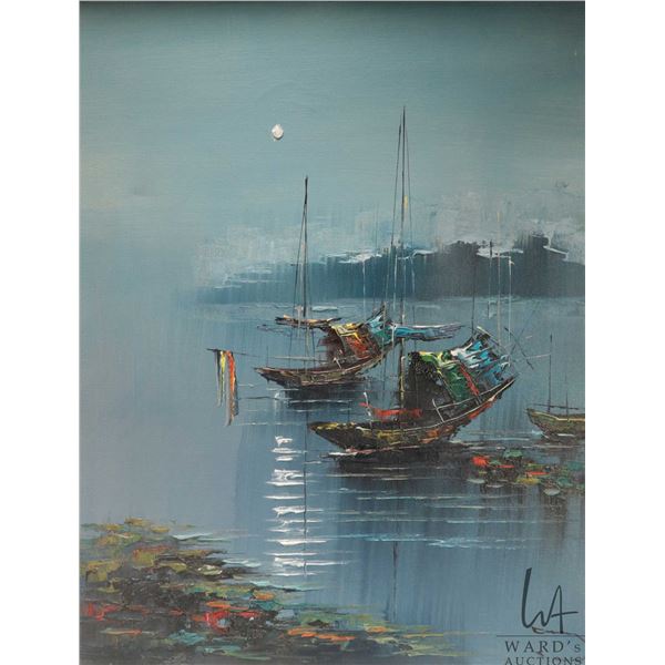 Framed oil on canvas of colorful Junks signed by artist, 24" x 17". Note: Artwork is often too large