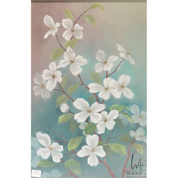 Rose Leonard pastel on paper of dogwood branches and blossoms. Signed by artist, 19"x12". Note: Artw