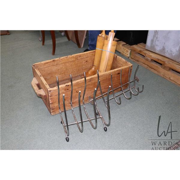 Primitive wooden box 11" high, 31"x18" plus contents including a pair of boot stretchers, and 2 chro