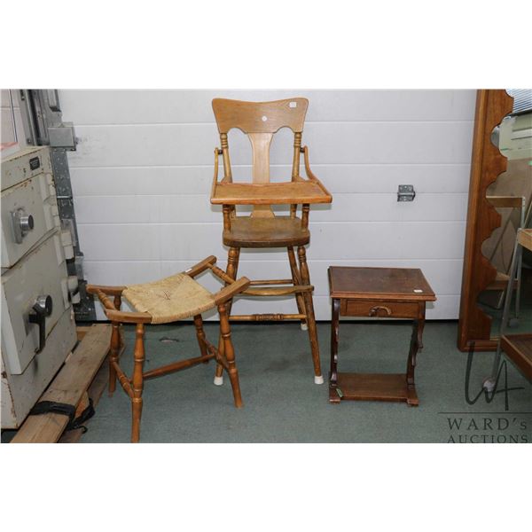 Vintage high chair, note doll and teddy bear use only. Rush seated stool, and small side table