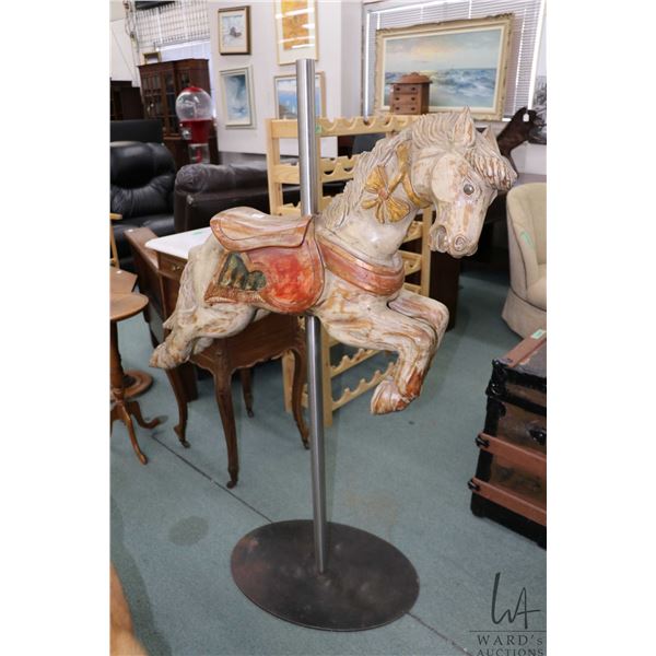 Carved wooden carousel horse on stand 41" to top of saddle