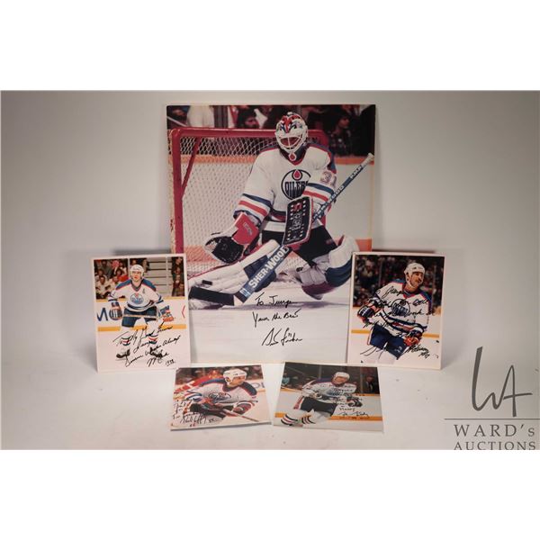 Five hand signed promo photos from the late 80's Edmonton Oilers including Mark Messier, Paul Coffey
