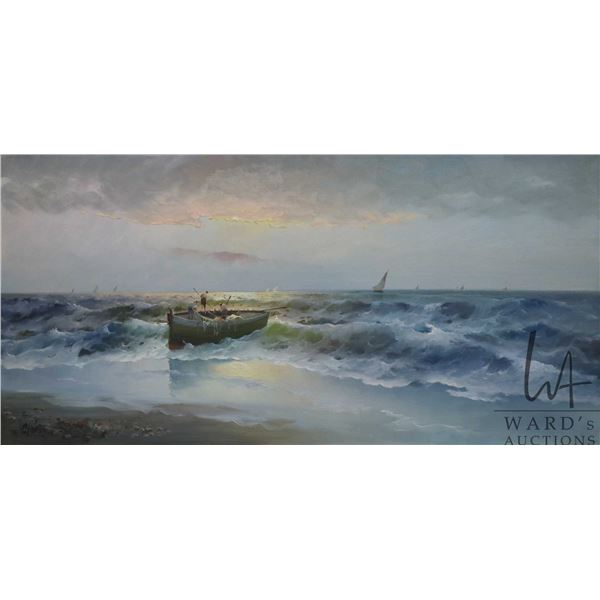 Didi, framed oil on canvas painting of a boat bringing in the nets on rough seas, artist signed 23 1