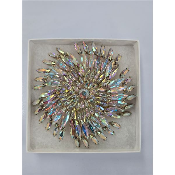 Vintage signed Sherman aurora borealis brooch with five pedals of marquis gemstones around large cen