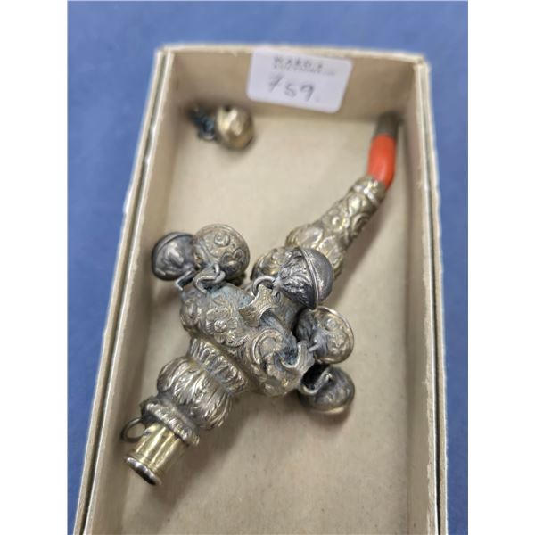 Antique 4 1/2" baby rattle, note: one detached bell, included and silverplate worn down to brass