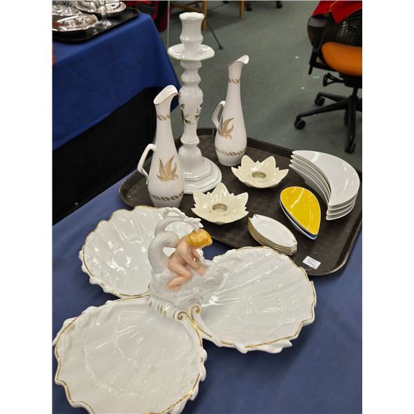 Selection of collectible porcelains including Rosenthal candlesticks, bone dishes plus a Portegeuse 
