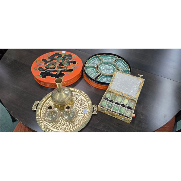 Selection of Asian collectibles including boxed Chinese divided sweetmeat set in fitted lacquered bo