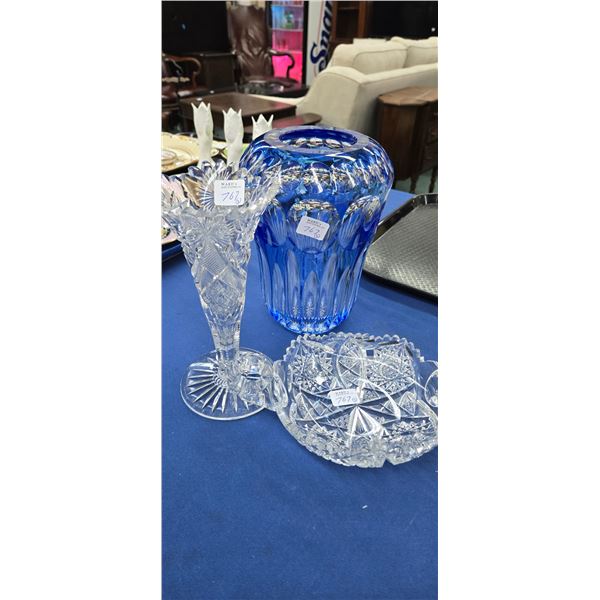 Two piece of colourless cut crystal and a 8" high antique cased cobalt cut to clear crystal vase