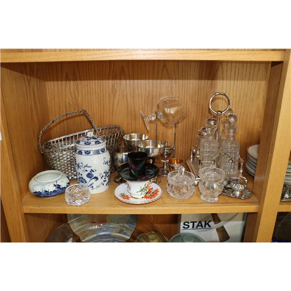Shelf lot of collectibles including vintage Royal Worcester chocolate set with six lidded cocoa cups