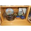 Image 1 : Shelf lot of collectibles including lidded soup bowls, chocolate souffle ramikin, saki cups, seashel