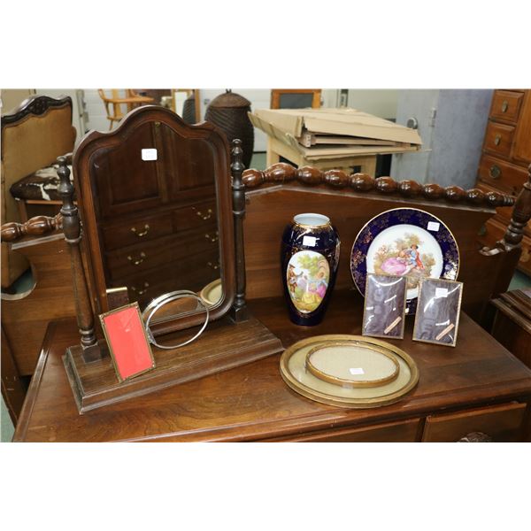 Swivel vanity mirror, two lovestory Limoge pieces and a selection of vintage frames including convex
