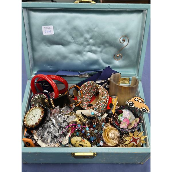 Vintage leather jewel box and contents including watches, brooches, mid century pieces, necklaces, b