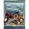 Image 1 : Vintage leather jewel box and contents including watches, brooches, mid century pieces, necklaces, b