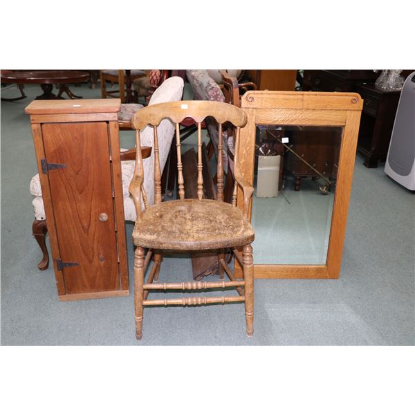 Three pieces of primitive style furniture including 33" X 12" X 6 1/2" cupboard made by Canadiana Cl