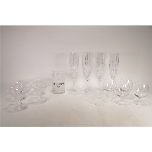Selection of glassware including four signed cognac glasses, four fluted sherbet and four tall champ
