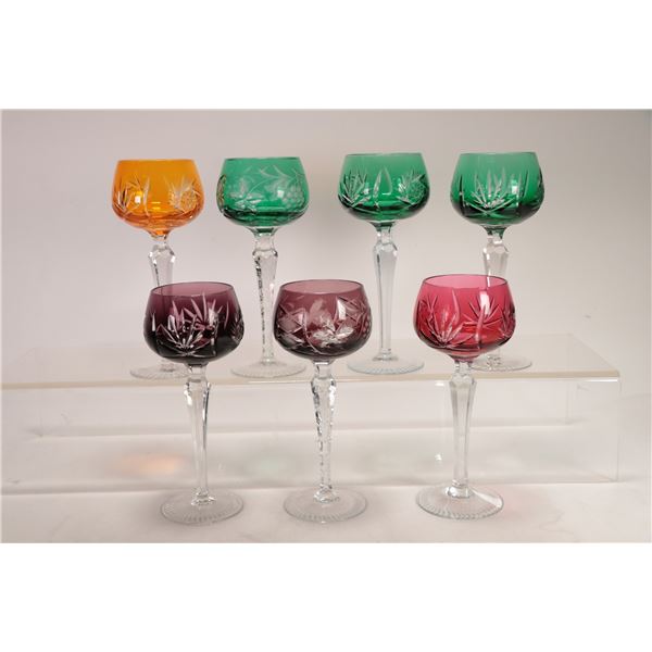 Seven Bohemian coloured cut to clear crystal hock wine glasses, each 7 3/4" in height