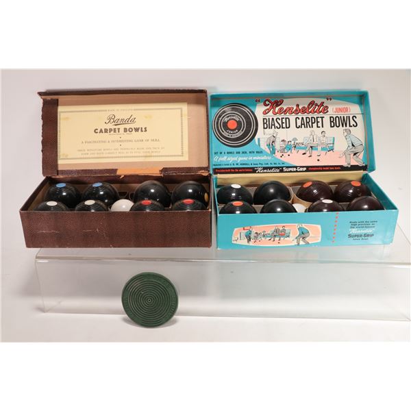 Two sets of vintage carpet bowls including "Henselite" Junior Carpet bowls