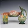 Image 1 : 3pc Roseville Pottery Iris Console Bowl, Zephyr Lily Ewer & Sunflower Vase