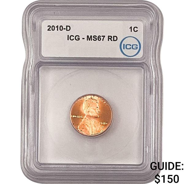 2010-D Union Shield Lincoln Cent ICG MS67 RD