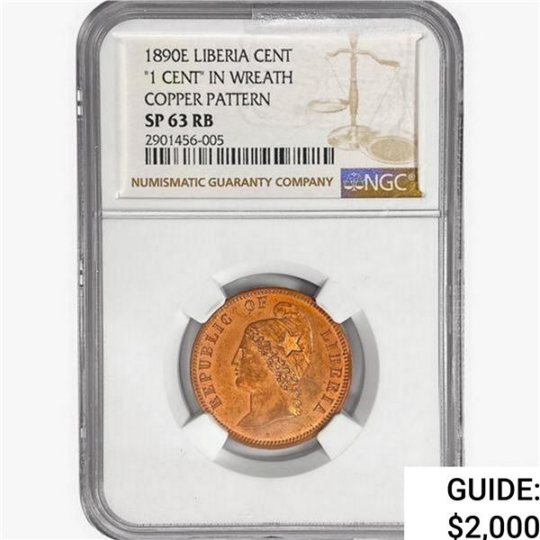 1890E Liberia 1 Cent NGC SP63 RB Copper Pattern