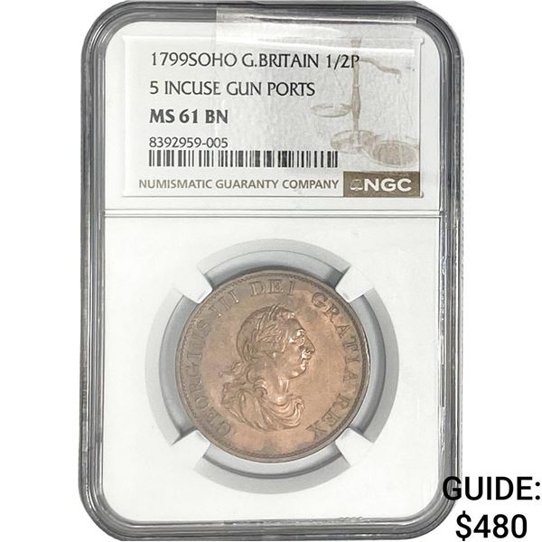 1799SOHO Great Britain 1/2 Penny 5 NGC MS61 BN