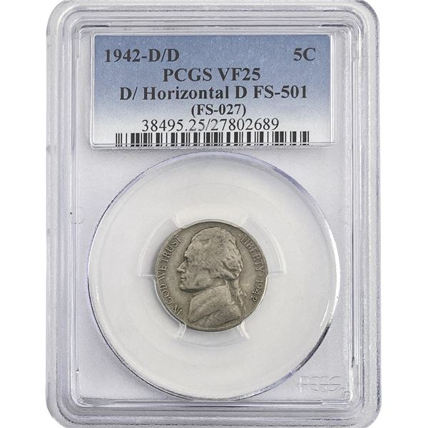 1942-D/D Jefferson Nickel PCGS VF25 FS-027