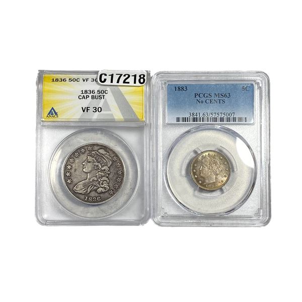 [2 Coins] 1836-1883 U.S. Nickel&Half Dollar Lot