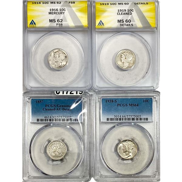 [4 Coins] 1857-1938 United States SIlver Dime Lot