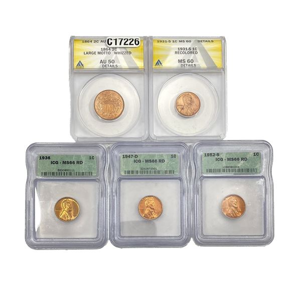 [5 Coins]1864-1952 U.S. 2Cent & Wheat Penny Lot