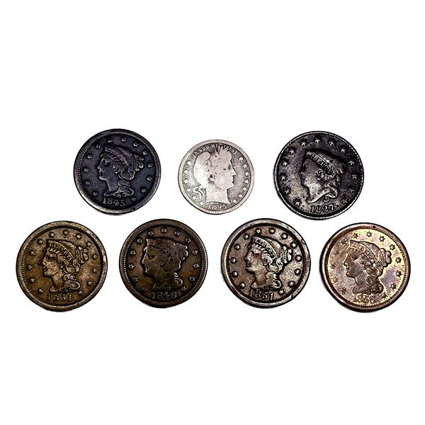 [7 Coins] 1827-1895 U.S. Large Cent& Quarter Lot