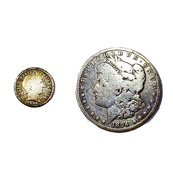 [2 Coins] 1892-1894 U.S. Silver Dime& Dollar Lot