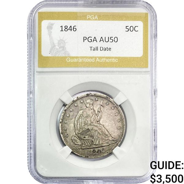 1846 Seated Liberty Half Dollar PGA AU50 Tall Date