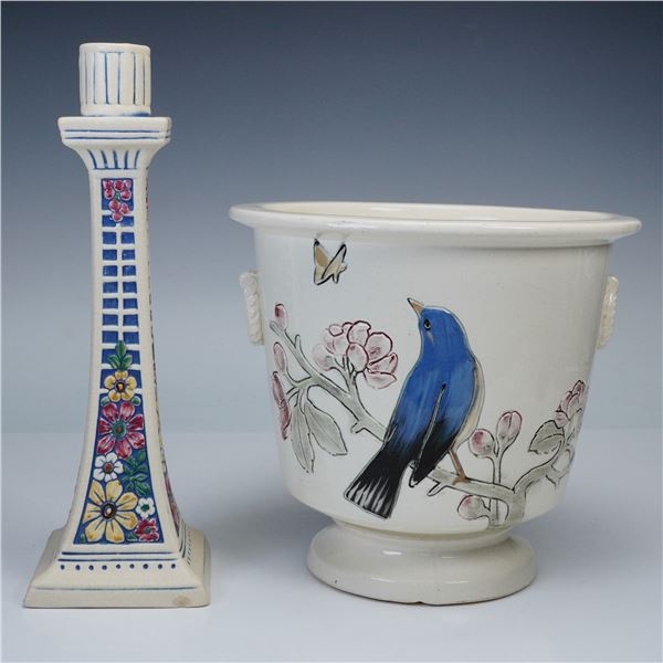 2pc Vintage Pottery Collection, Weller Candlestick and Floral Planter