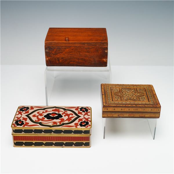 3pc Inlaid Wood, Enameled Metal, and Plain Wooden Boxes